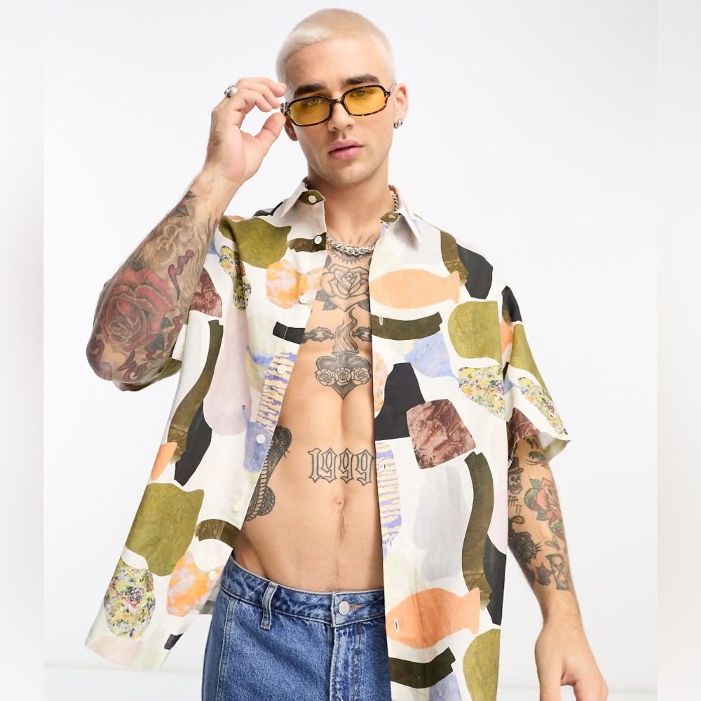 ASOS Boxy Oversized Button-up Shirt Size S Linen Mix Abstract Print Multi-color